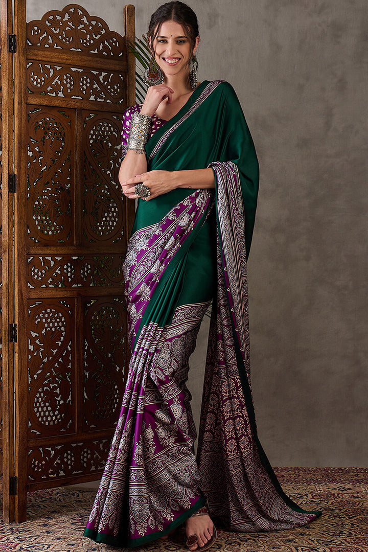 Bottle Green Ajrakh Printed Satin Silk Saree