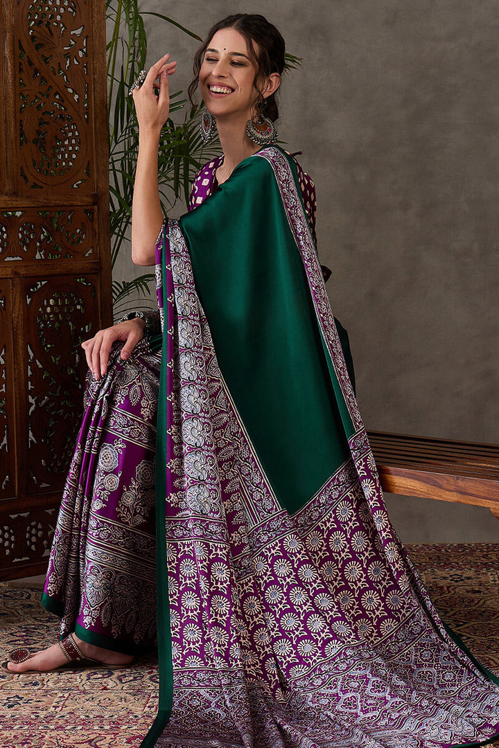 Bottle Green Ajrakh Printed Satin Silk Saree