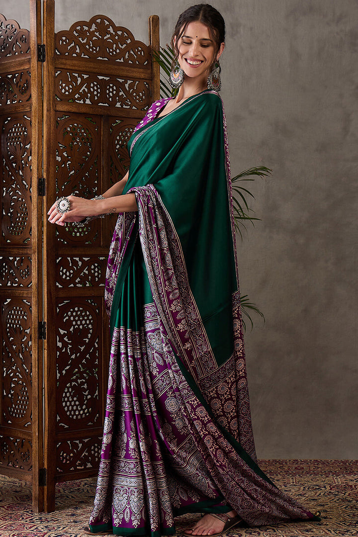 Bottle Green Ajrakh Printed Satin Silk Saree