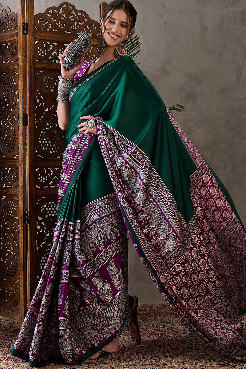 Bottle Green Ajrakh Printed Satin Silk Saree
