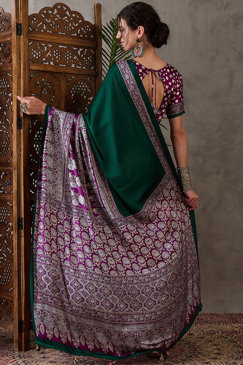 Bottle Green Ajrakh Printed Satin Silk Saree