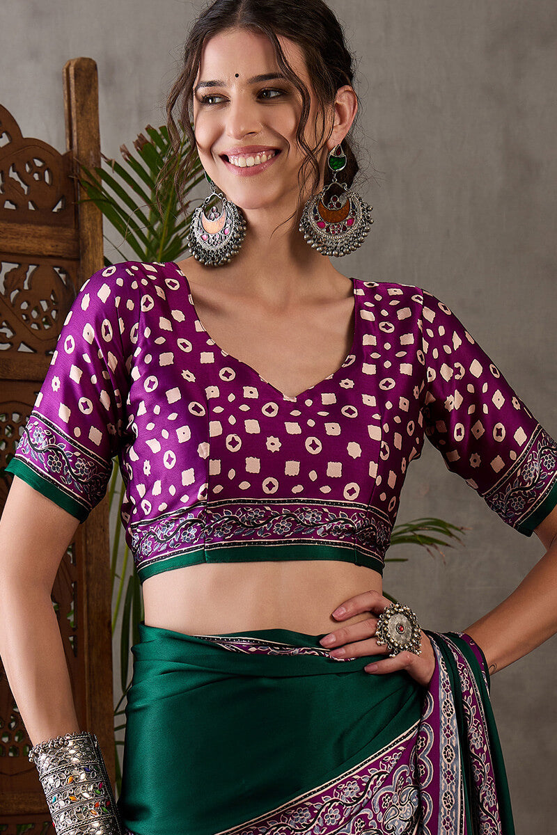 Bottle Green Ajrakh Printed Satin Silk Saree