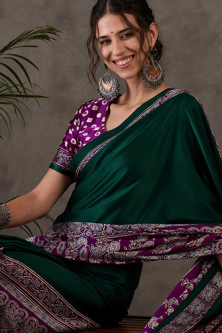 Bottle Green Ajrakh Printed Satin Silk Saree