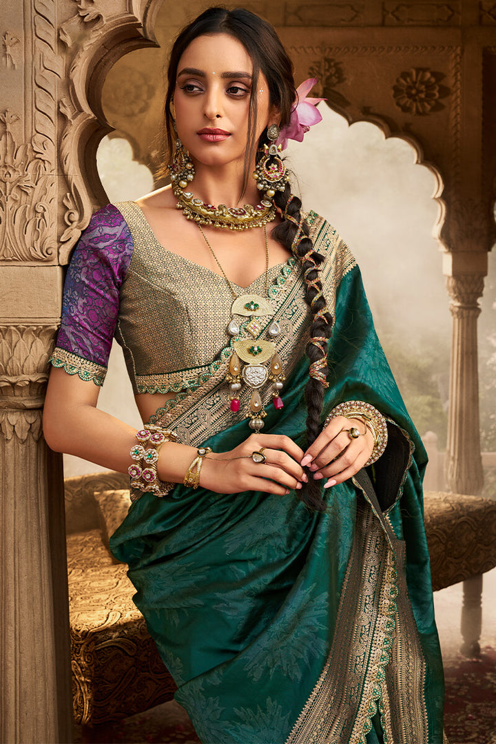 Bottle Green Banarasi Fancy Silk Saree with Lace Border