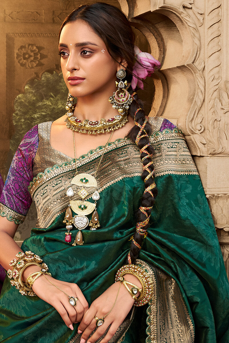 Bottle Green Banarasi Fancy Silk Saree with Lace Border