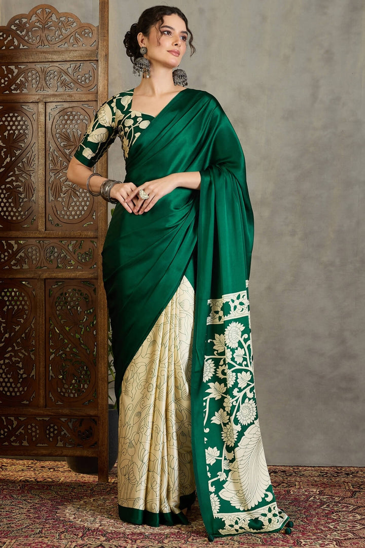 Bottle Green Printed Satin Silk Saree
