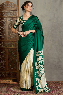 Bottle Green Printed Satin Silk Saree