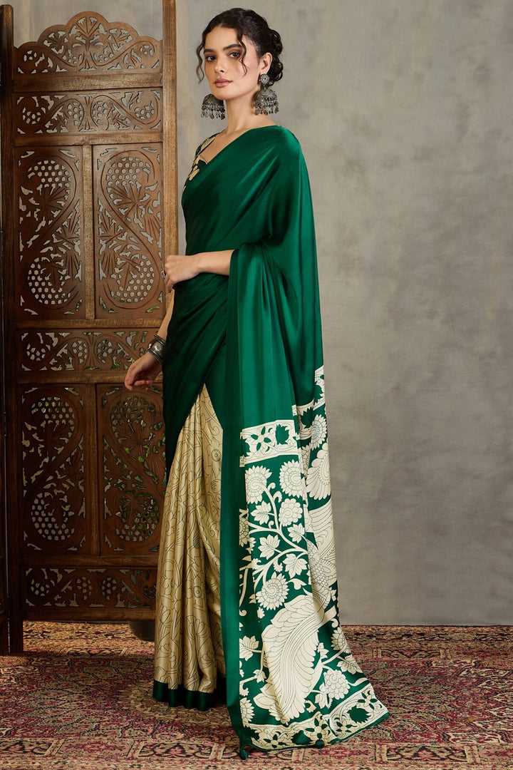 Bottle Green Printed Satin Silk Saree