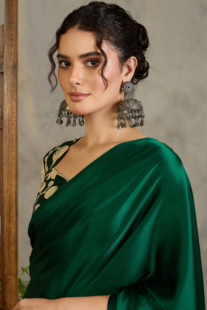 Bottle Green Printed Satin Silk Saree