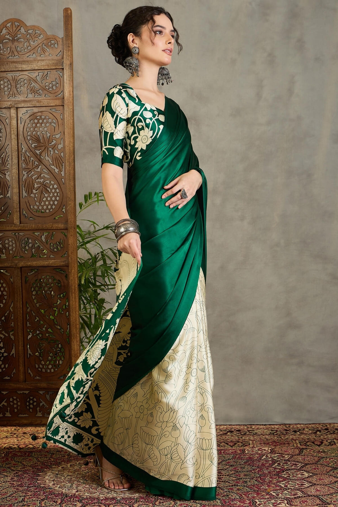Bottle Green Printed Satin Silk Saree