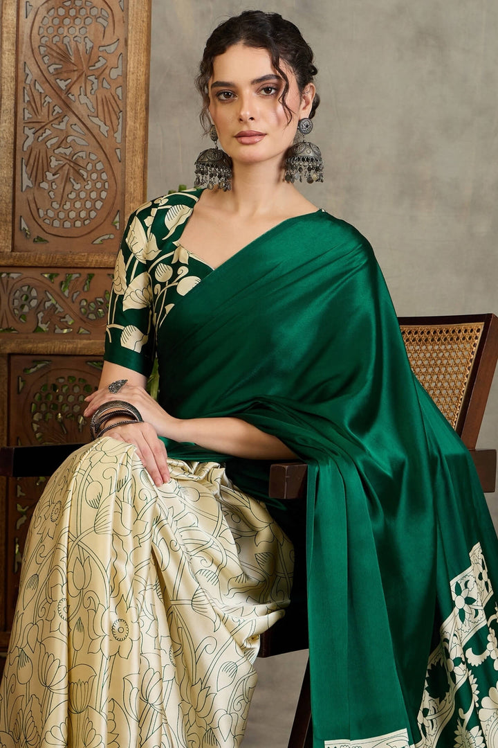 Bottle Green Printed Satin Silk Saree