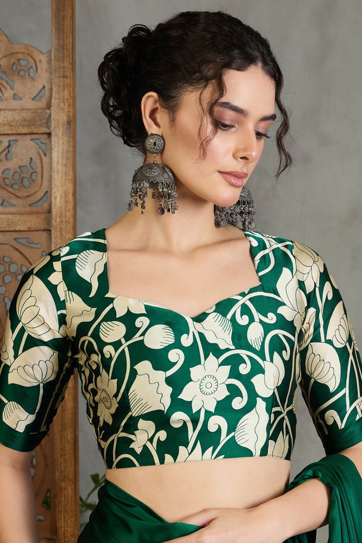 Bottle Green Printed Satin Silk Saree