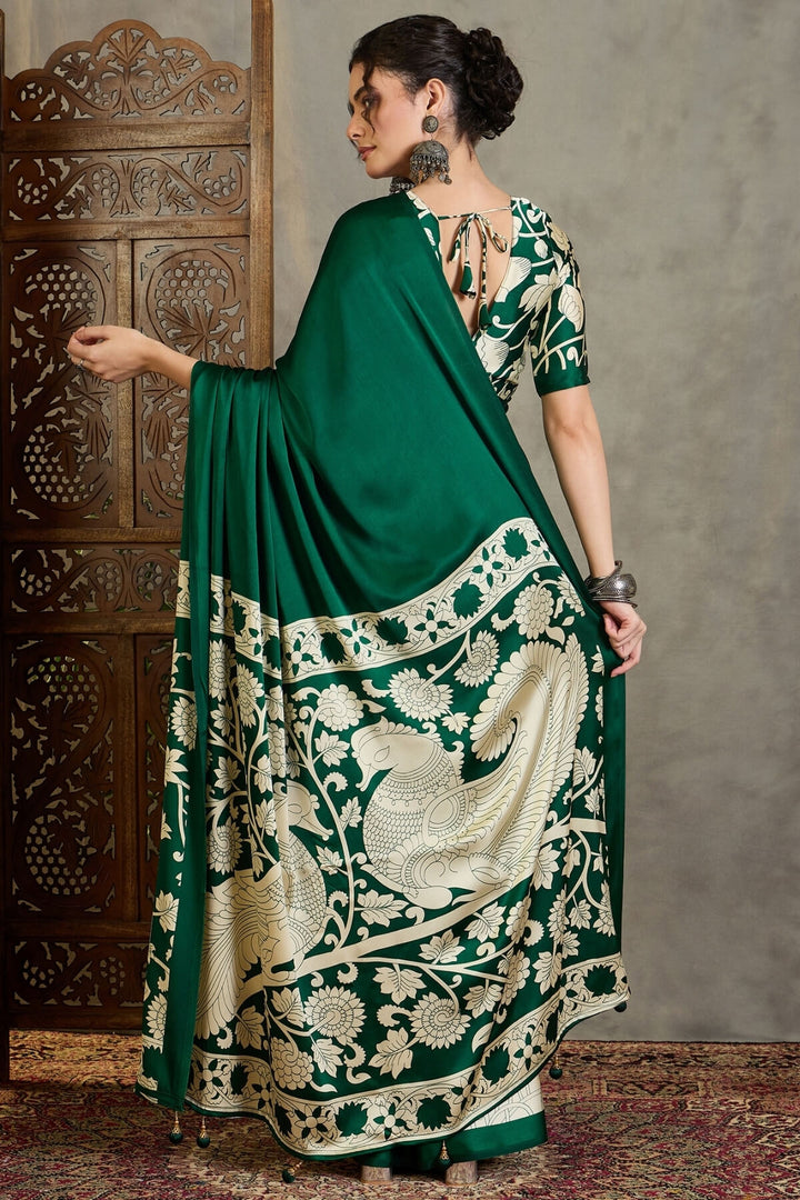 Bottle Green Printed Satin Silk Saree