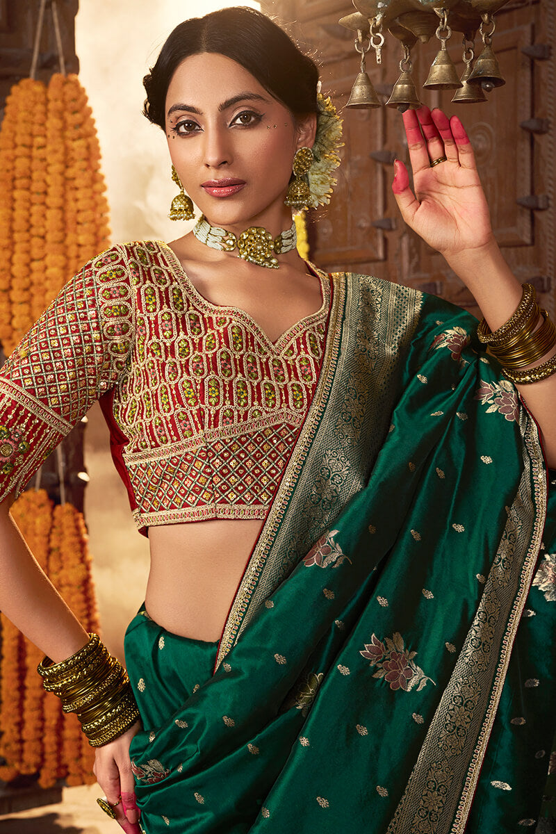 Bottle Green Pure Silk Saree With Embroidery Blouse