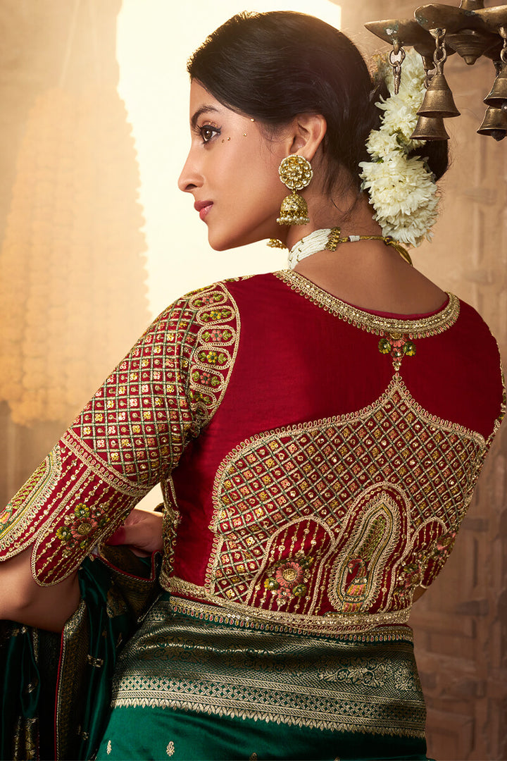 Bottle Green Pure Silk Saree With Embroidery Blouse