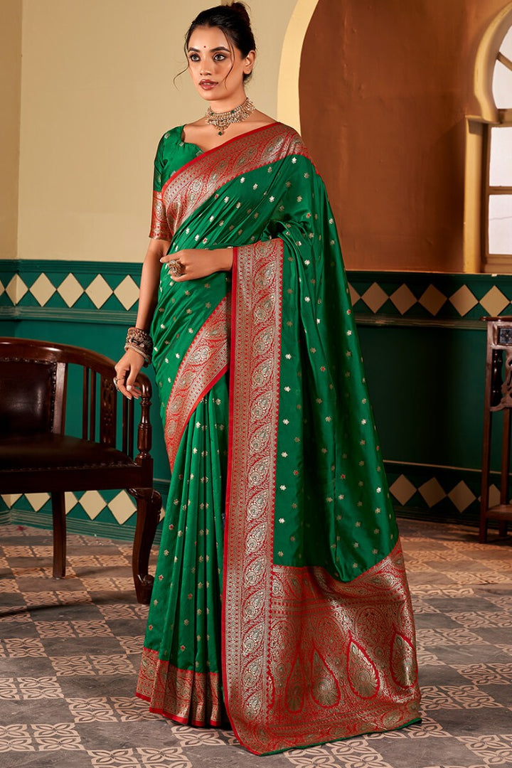 Bottle Green Soft Banarasi Silk Saree