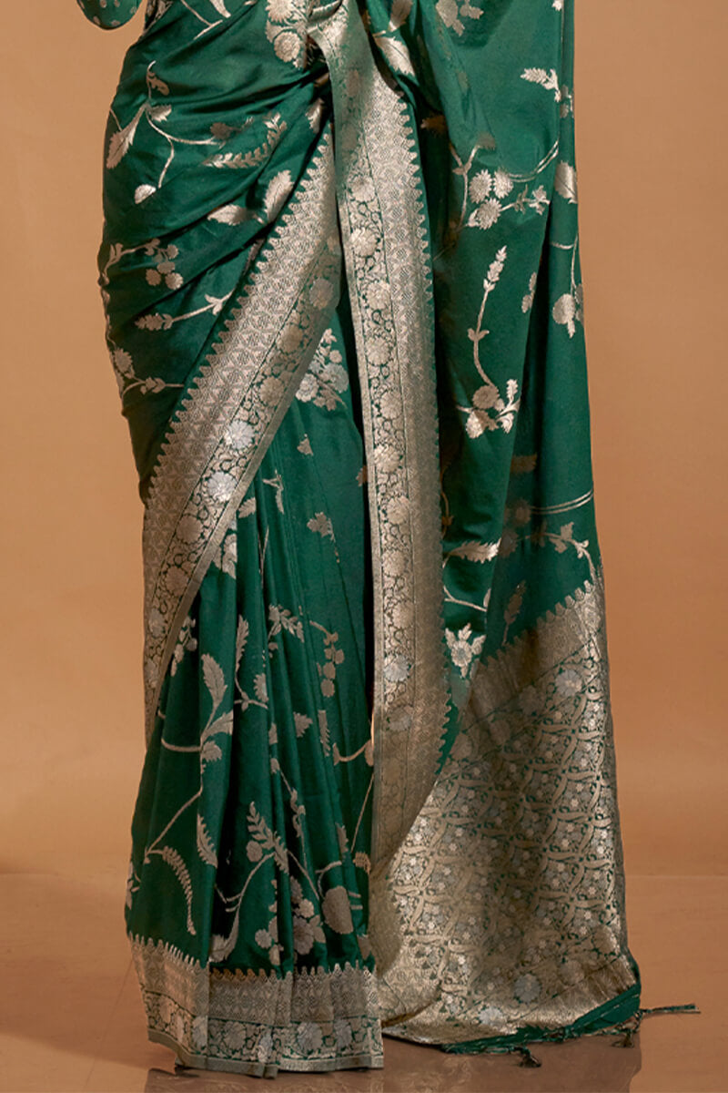 Bottle Green Woven Georgette Banarasi Silk Saree