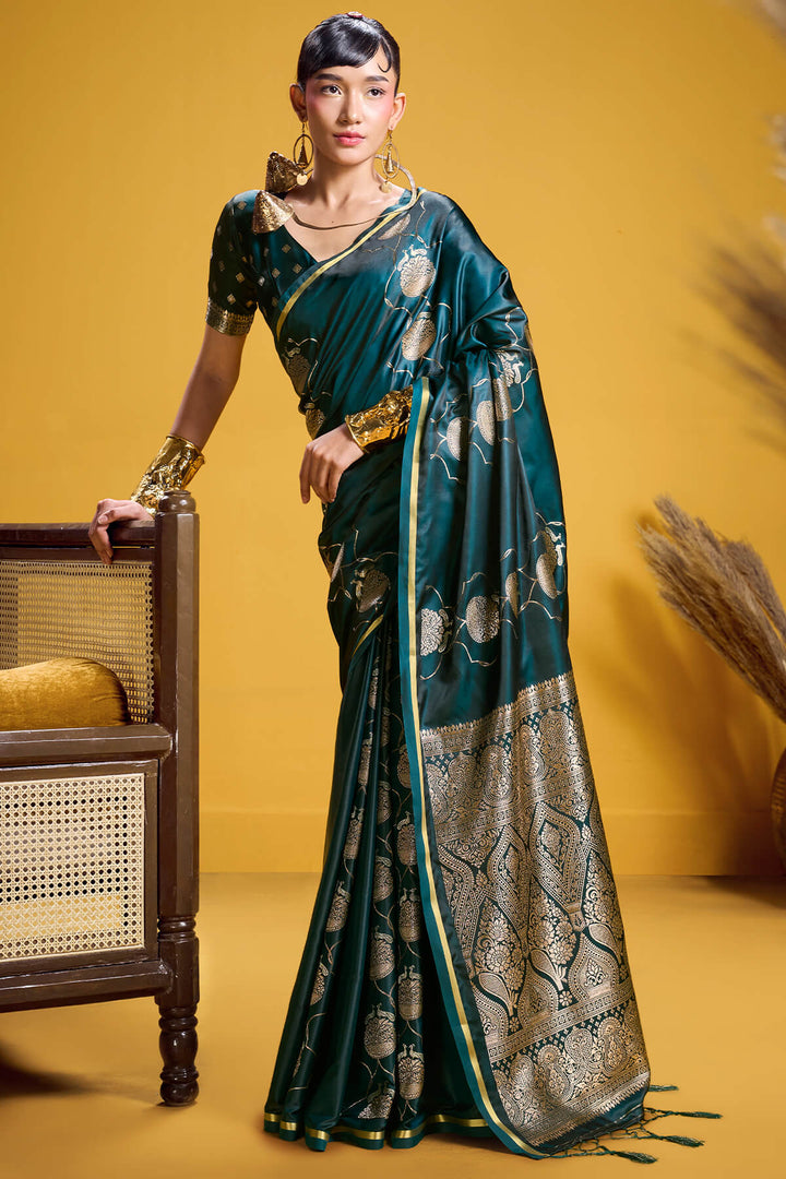 Bottle Green Zari Woven Banarasi Satin Silk Saree
