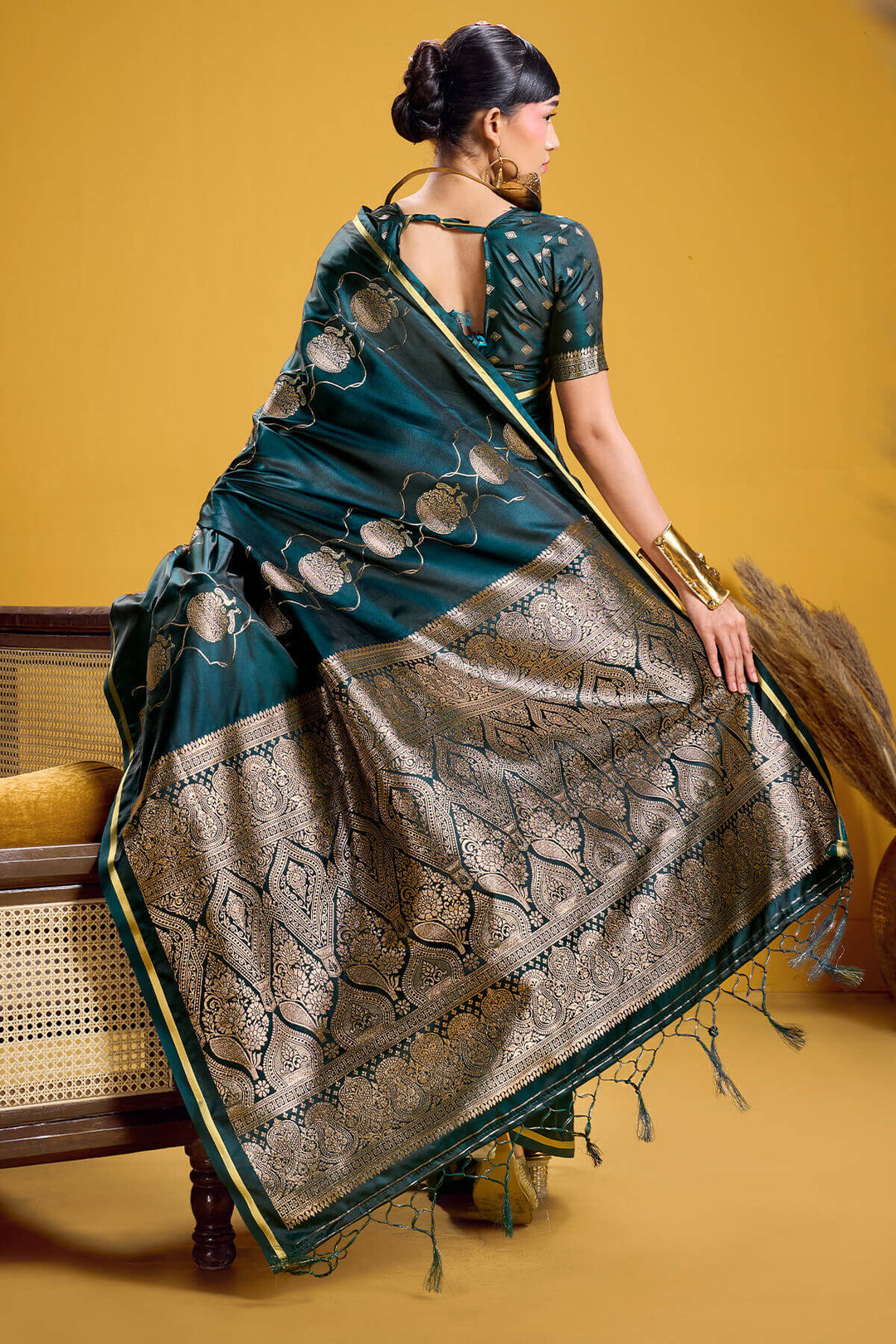 Bottle Green Zari Woven Banarasi Satin Silk Saree