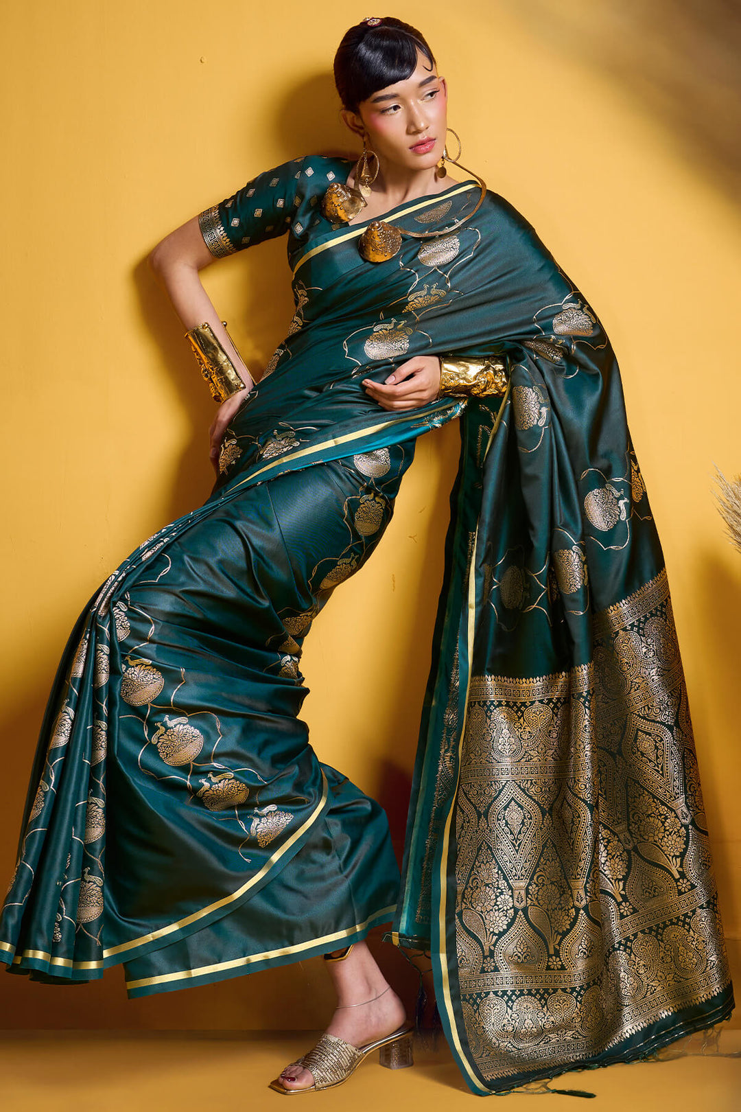 Bottle Green Zari Woven Banarasi Satin Silk Saree