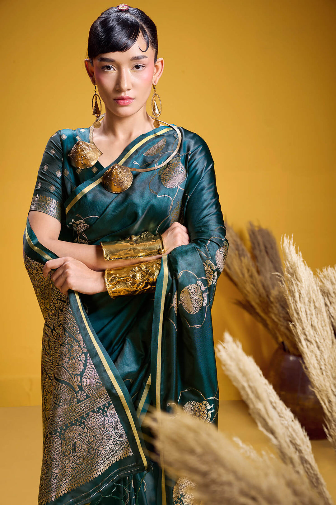 Bottle Green Zari Woven Banarasi Satin Silk Saree