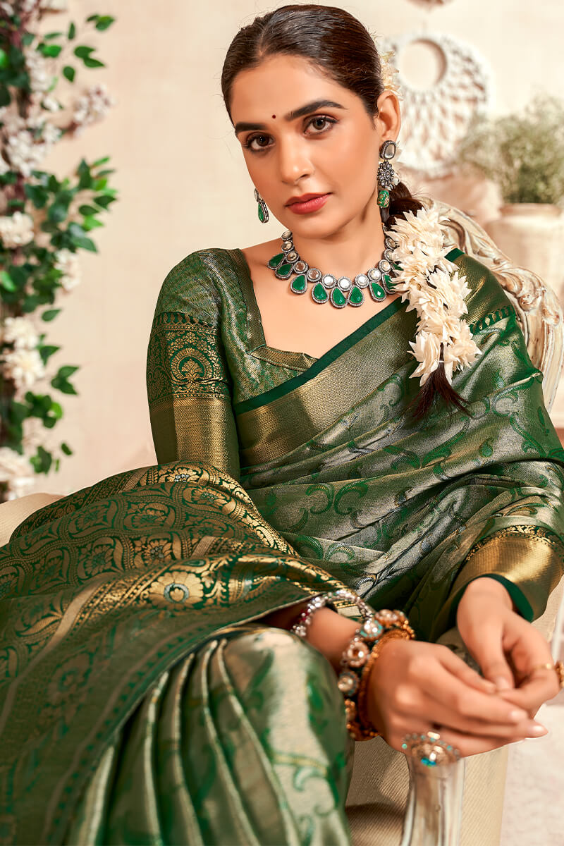 Bottle Green Zari Woven Kanjivaram Silk Saree