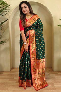 Bottle Green Zari Woven Paithani Silk Saree