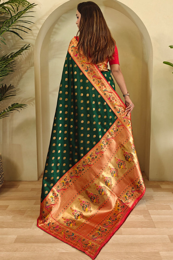 Bottle Green Zari Woven Paithani Silk Saree