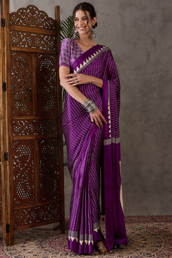 Boysenberry Purple Ajrakh Printed Satin Silk Saree