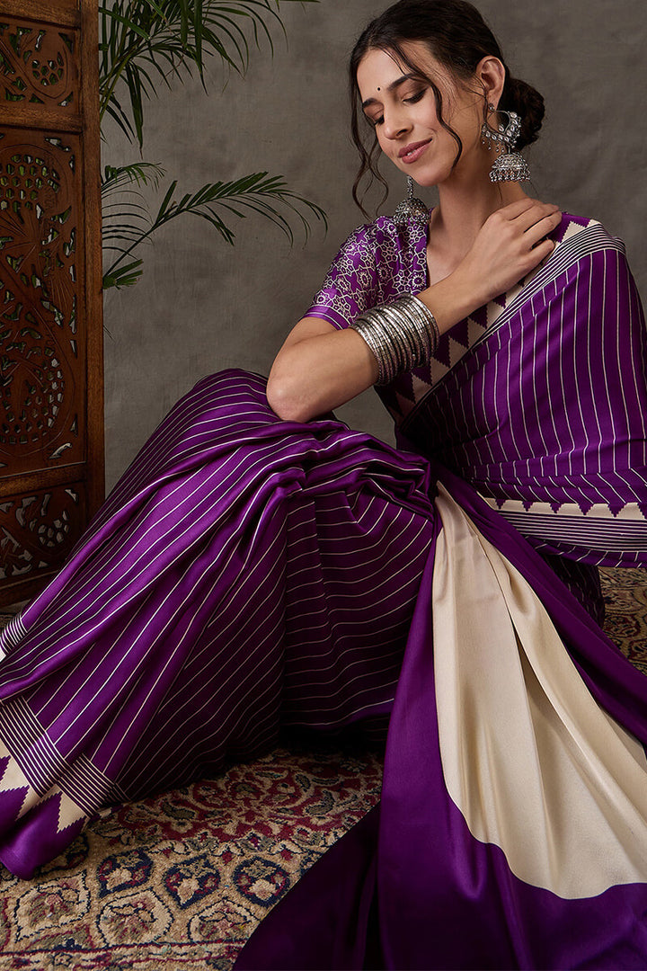 Boysenberry Purple Ajrakh Printed Satin Silk Saree