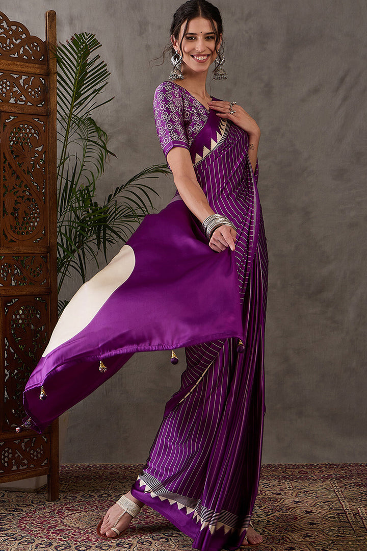 Boysenberry Purple Ajrakh Printed Satin Silk Saree