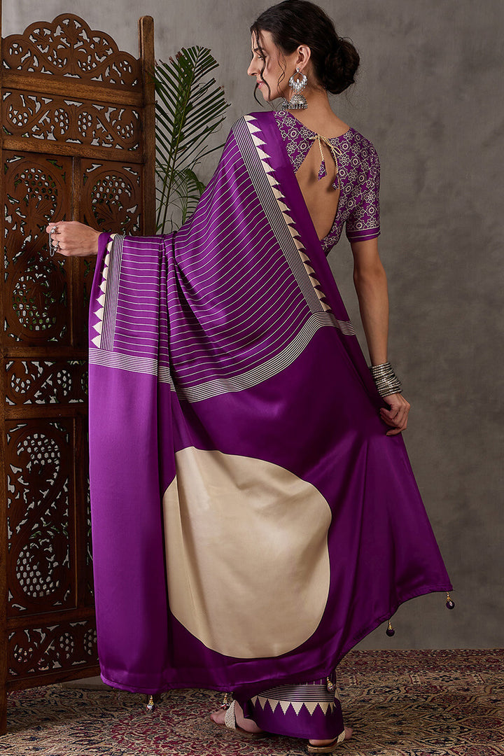 Boysenberry Purple Ajrakh Printed Satin Silk Saree