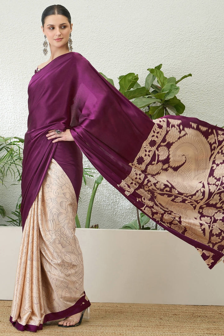 Boysenberry Purple Printed Satin Silk Saree