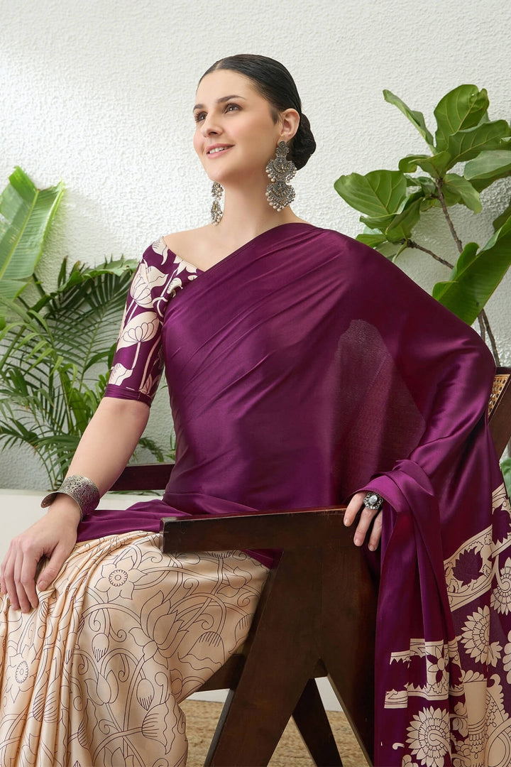 Boysenberry Purple Printed Satin Silk Saree