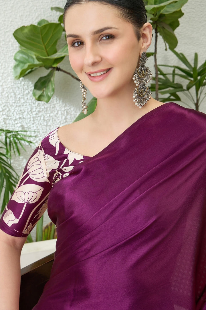 Boysenberry Purple Printed Satin Silk Saree