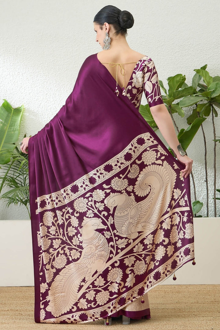 Boysenberry Purple Printed Satin Silk Saree