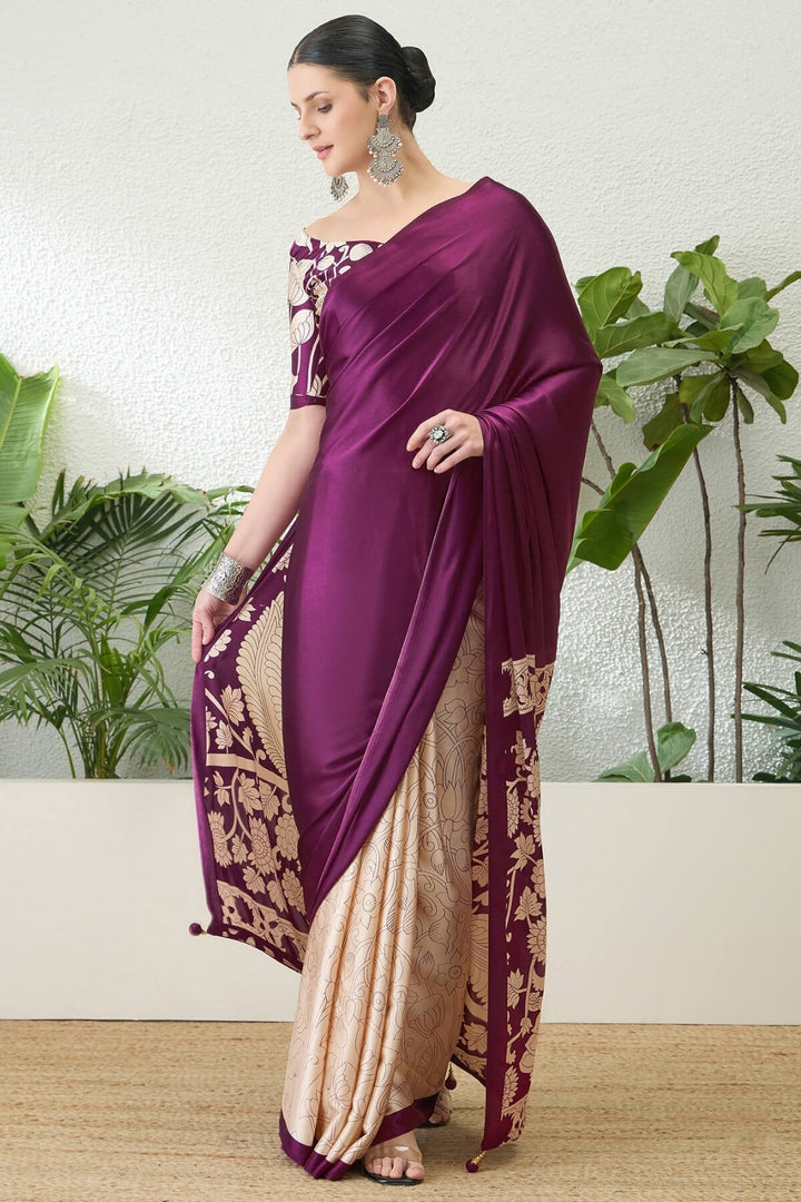 Boysenberry Purple Printed Satin Silk Saree
