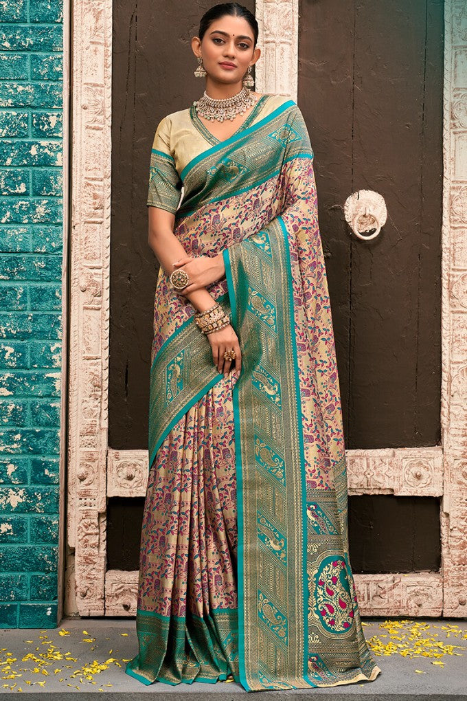 Brandy Beige and Sea Green Zari Woven Kanjivaram Silk Saree