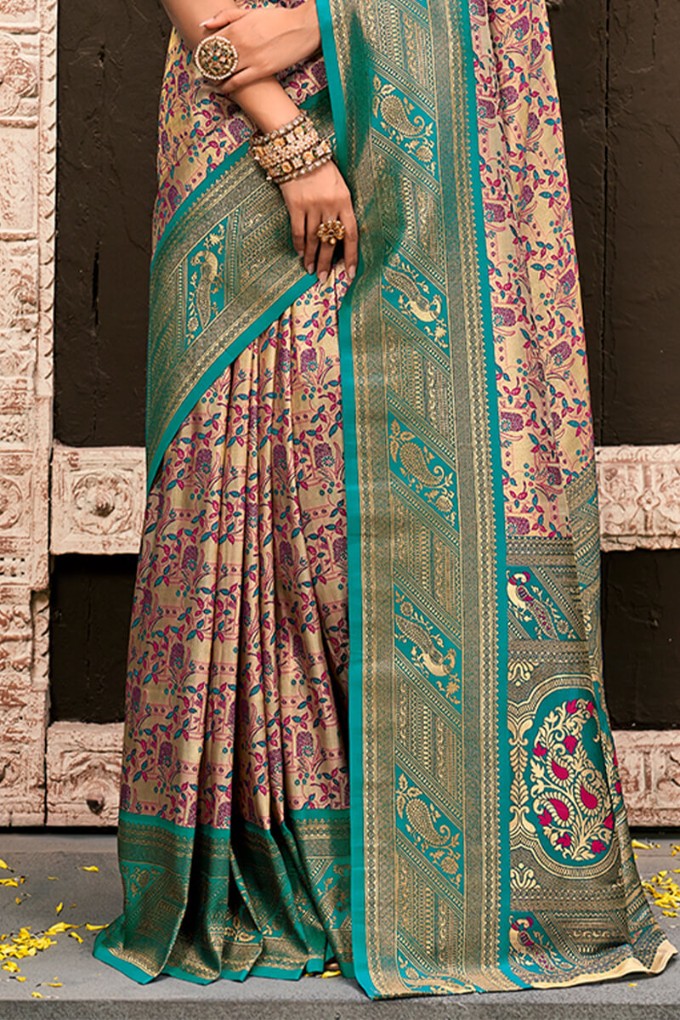 Brandy Beige and Sea Green Zari Woven Kanjivaram Silk Saree