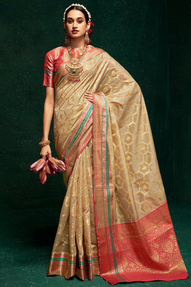 Brandy Beige Banarasi Cotton Silk Saree