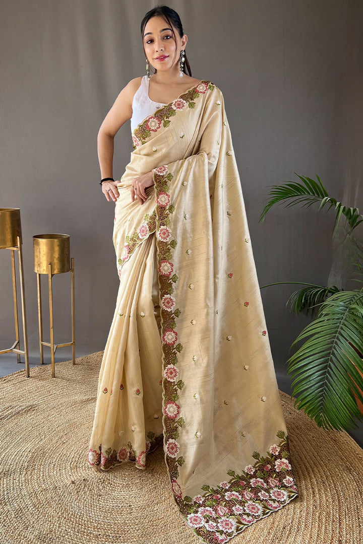 Brandy Beige Embroidered Work Tussar Silk Saree