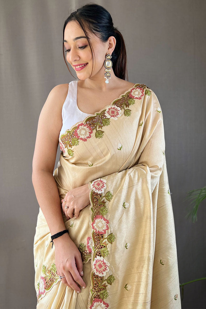 Brandy Beige Embroidered Work Tussar Silk Saree