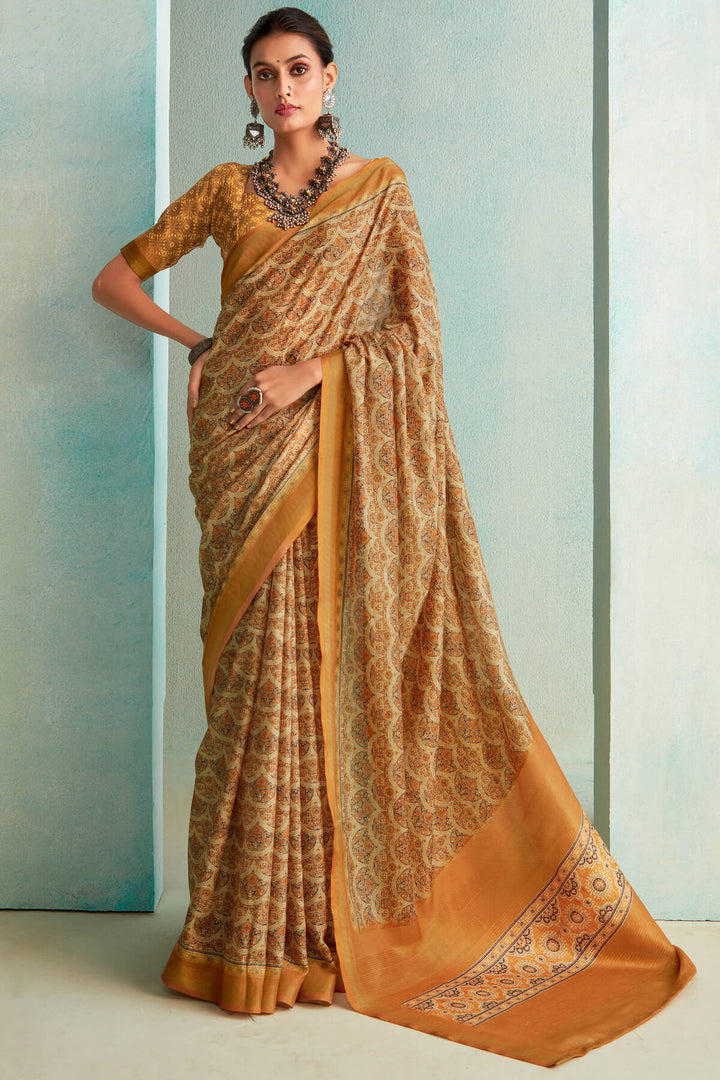 Brandy Beige Handloom Woven Digital Printed Soft Silk Saree