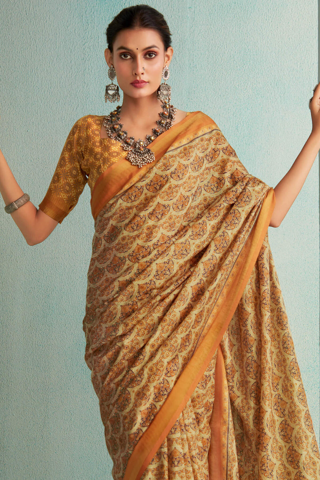 Brandy Beige Handloom Woven Digital Printed Soft Silk Saree