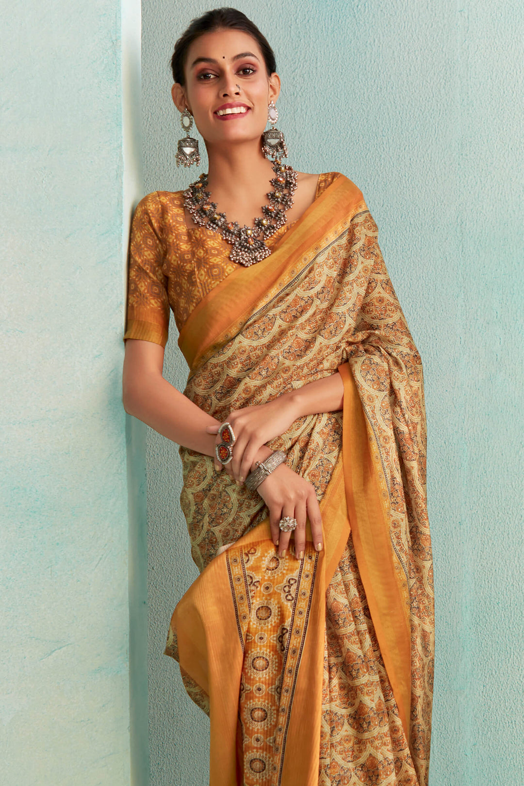Brandy Beige Handloom Woven Digital Printed Soft Silk Saree