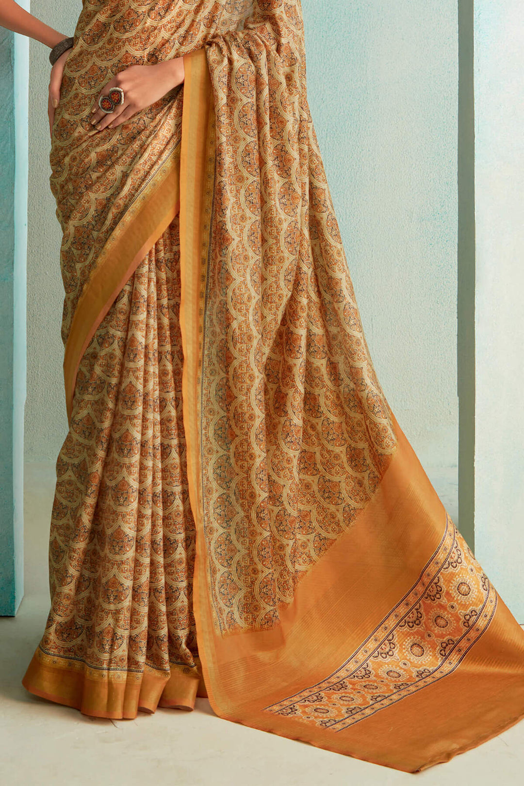 Brandy Beige Handloom Woven Digital Printed Soft Silk Saree