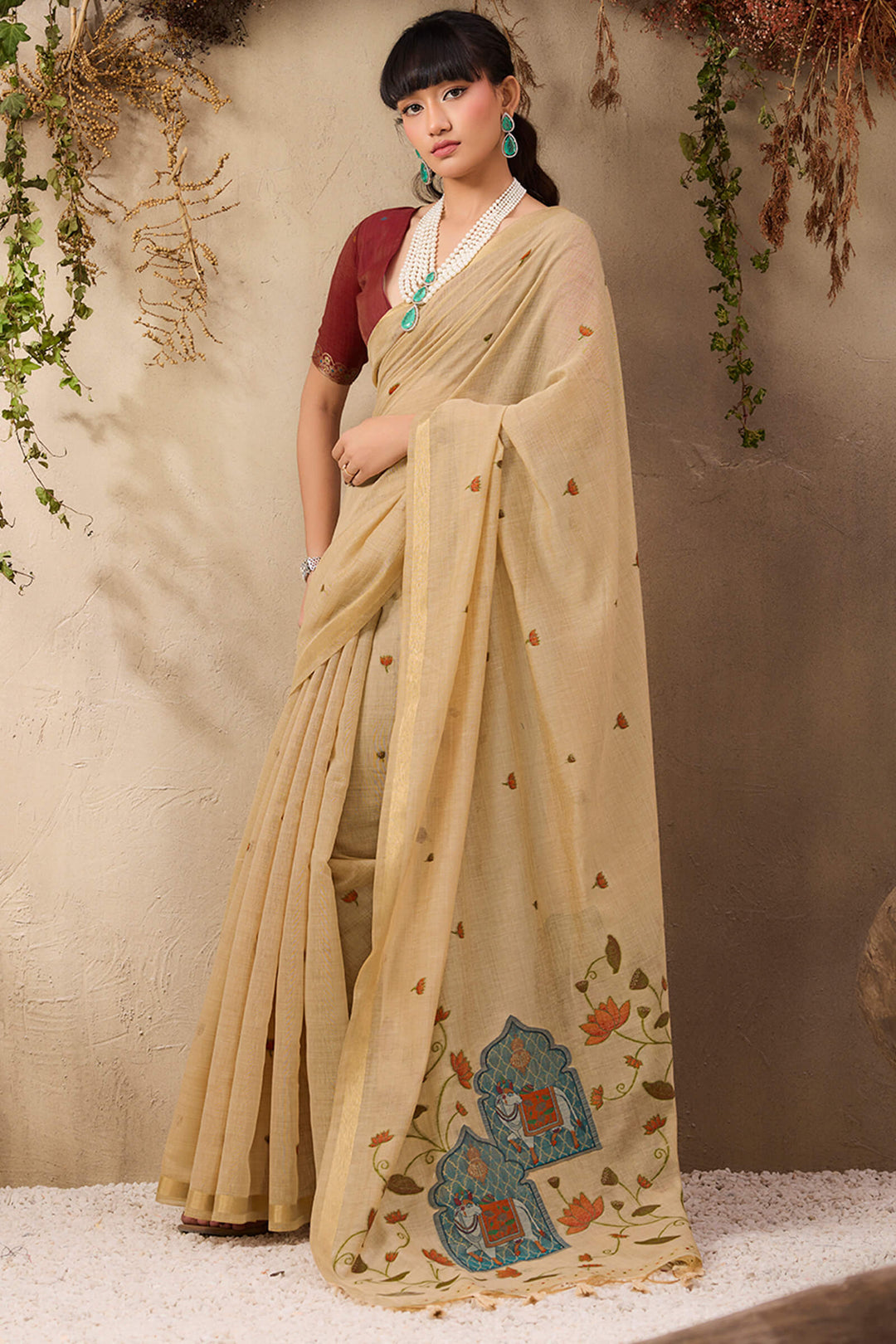 Brandy Beige Munga Cotton Silk Saree
