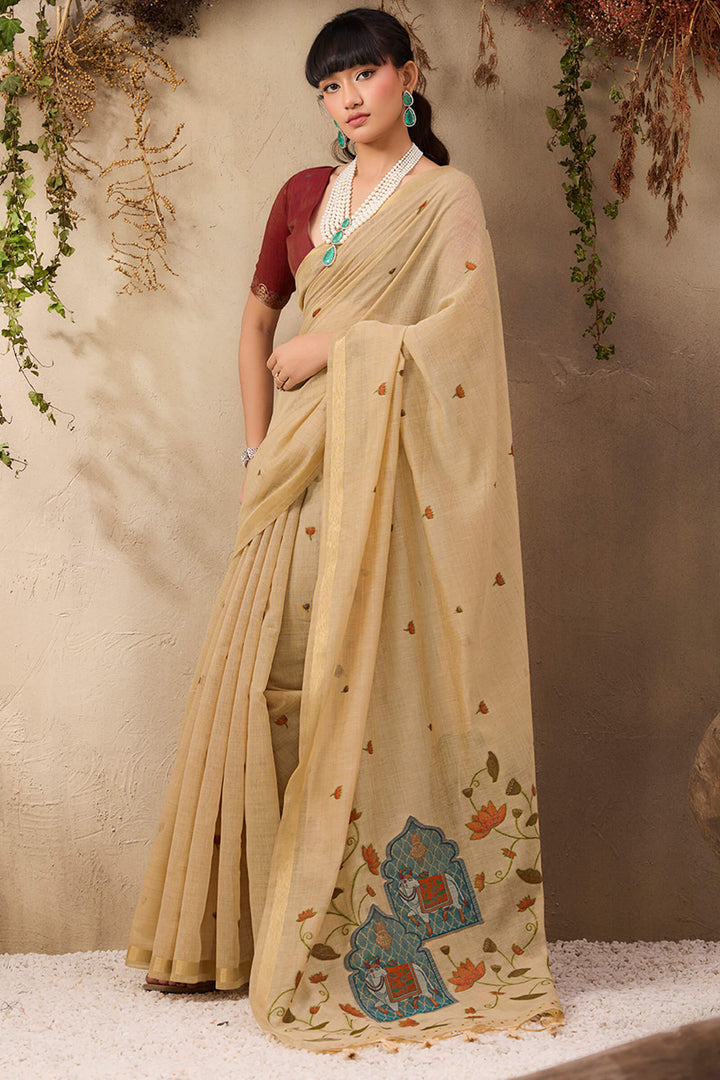 Brandy Beige Munga Cotton Silk Saree
