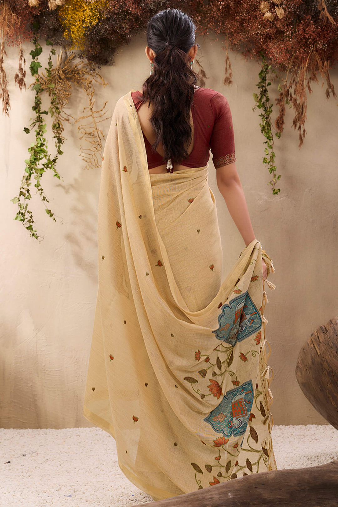 Brandy Beige Munga Cotton Silk Saree