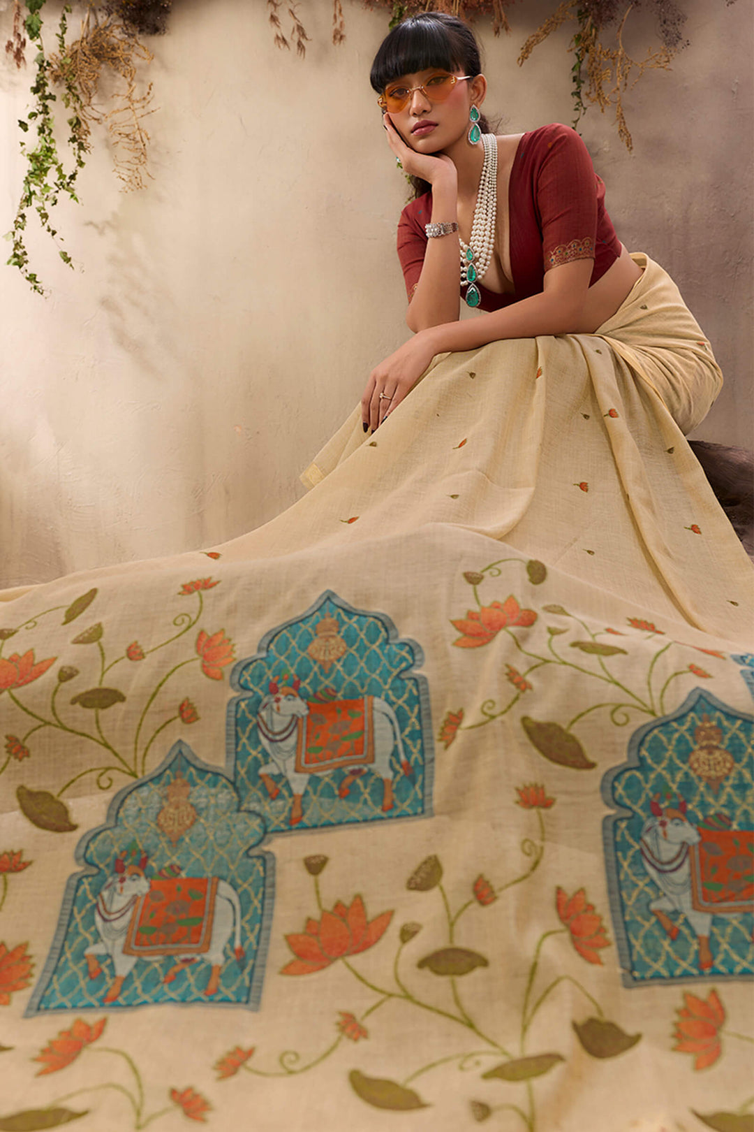 Brandy Beige Munga Cotton Silk Saree